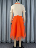 Women Autumn Contrast Color Mesh Patchwork Short Sleeve Turndown Collar Dress