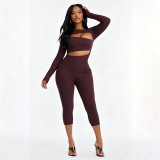 Women’s Fall Solid Color Sexy Cutout Long Sleeve Slim Fit Pants Set