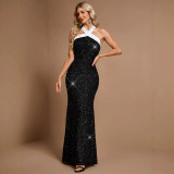 Women’s Black Sequin Long Dress Halter Neck Chic Patchwork Evening Dress