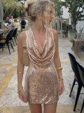 Women’s Sexy Low Back Halter Neck Sequin Mini Dress Party Cocktail Dress