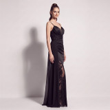 Women’s Formal Party Strap Satin Beaded Chiffon Mesh Split Long Dress