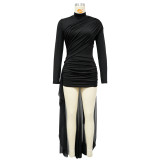 Women Sexy Solid Turtleneck Long Sleeve Ruched Dress