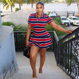 Women’s Color Block Red Black Striped Bodycon Slim Waist V Neck Casual Short Dress