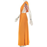 Women’s Plus Size Deep V Neck Sleeveless Pleated Slim Waist Chic Formal Party Long Dress