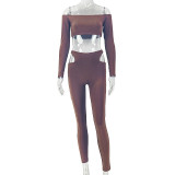 Women’s Sexy Off Shoulder Solid Color Cutout Bodycon Long Pants Two Piece Streetwear Set