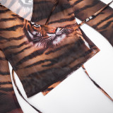 Women’s Tiger Print Mesh Deep V Neck Bell Bottom Long Sleeve Lace Up Wrap Shirt