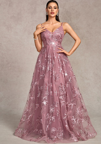 Women’s Formal Party Elegant Mesh Sequin V Neck Strap Low Back A Line Fully Lined Long Dress