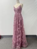 Women’s Formal Party Elegant Mesh Sequin V Neck Strap Low Back A Line Fully Lined Long Dress