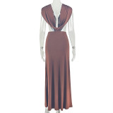 Women’s Plus Size Deep V Neck Sleeveless Pleated Slim Waist Chic Formal Party Long Dress