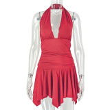 Women’s Red Halter Neck Low Back Slim Waist Pleated Mini Dress