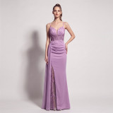 Women’s Formal Party Strap Satin Beaded Chiffon Mesh Split Long Dress