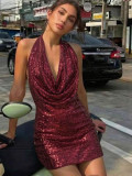 Women’s Sexy Low Back Halter Neck Sequin Mini Dress Party Cocktail Dress