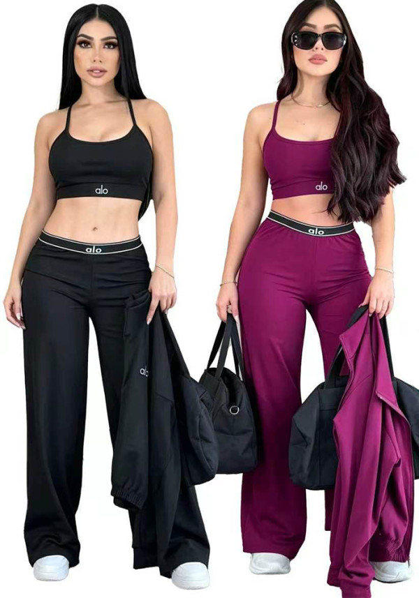Women’s Fall Winter Chic Casual Embroidered Vest Wide Leg Pants Three Piece Set