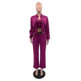 Women’s Fall Winter Chic Casual Embroidered Vest Wide Leg Pants Three Piece Set