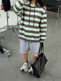 Women’s American Streetwear Color Block Striped Hooded Oversized Drawstring Pullover Hoodie