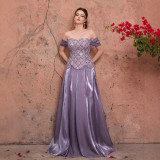 Women’s Off Shoulder Floral Sequin Satin Long Dress Party Evening Dress