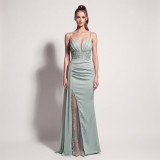 Women’s Formal Party Strap Satin Beaded Chiffon Mesh Split Long Dress