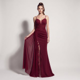 Women’s Formal Party Strap Satin Beaded Chiffon Mesh Split Long Dress