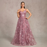 Women’s Formal Party Elegant Mesh Sequin V Neck Strap Low Back A Line Fully Lined Long Dress