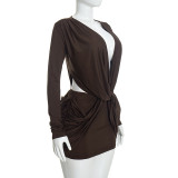 Women’s Fall Winter Solid Color Deep V Cowl Neck Open Waist Long Sleeve Bodycon Mini Dress