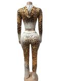 Women’s Casual Sexy Slim Fit Leopard Print Zip Up Hooded Top Slim Fit Pants Set