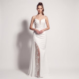 Women’s Formal Party Strap Satin Beaded Chiffon Mesh Split Long Dress