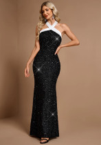 Women’s Black Sequin Long Dress Halter Neck Chic Patchwork Evening Dress Women’s Black Sequin Long Dress Halter Neck Chic Patchwork Evening Dress