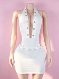 Women Sexy Deep V Hollow Out Metal Halter Neck Top & Bodycon Mini Skirt Set