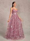 Women’s Formal Party Elegant Mesh Sequin V Neck Strap Low Back A Line Fully Lined Long Dress