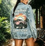 Women’s American Print Denim Distressed Washed Oversized Jacket