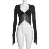 Women’s Fall Tassel Long Sleeve Crop Top Tight Fitting Slim Fit Pants Set