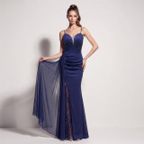 Women’s Formal Party Strap Satin Beaded Chiffon Mesh Split Long Dress