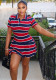 Women’s Color Block Red Black Striped Bodycon Slim Waist V Neck Casual Short Dress