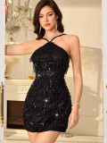 Women’s Sexy Low Back Tassel Sequin Short Dress Party Cocktail Dress