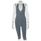 Women’s Sexy Low Cut Sleeveless Color Block Slim Fit Halter Neck Jumpsuit
