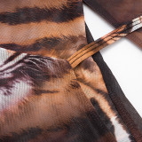 Women’s Tiger Print Mesh Deep V Neck Bell Bottom Long Sleeve Lace Up Wrap Shirt