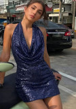 Women’s Sexy Low Back Halter Neck Sequin Mini Dress Party Cocktail Dress