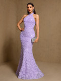 Women’s Halter Neck Lace Up Back Slim Fit Mermaid Long Dress Formal Party Evening Dress