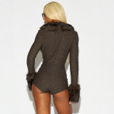 Women’s Fall Winter Solid Color Sexy Faux Fur Collar Patchwork Long Sleeve Tight Fitting Jumpsuit