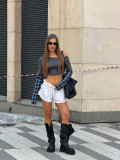 Women’s American Streetwear Slash Shoulder Plaid Patchwork Long Sleeve Asymmetrical Neck Crop Top