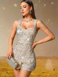 Women’s Sexy Low Back Sequin Strap Jumpsuit Shorts Romper