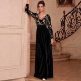 Women’s Gold Leaf Embroidered Black Velvet V Neck Long Sleeve Slim Waist Wedding Evening Long Dress