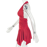 Women’s Red Halter Neck Low Back Slim Waist Pleated Mini Dress