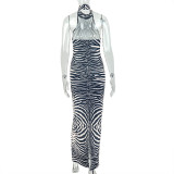 Women’s Chic Color Block Zebra Print Bodycon Stretch High Neck Sleeveless Long Dress