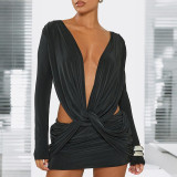 Women’s Fall Winter Solid Color Deep V Cowl Neck Open Waist Long Sleeve Bodycon Mini Dress