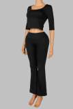 Women’s Sexy Tight Fitting U Neck Three Quarter Sleeve Crop Top High Waist Butt Lift Bell Bottom Yoga Sports Set