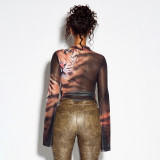 Women’s Tiger Print Mesh Deep V Neck Bell Bottom Long Sleeve Lace Up Wrap Shirt