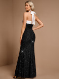Women’s Black Sequin Long Dress Halter Neck Chic Patchwork Evening Dress