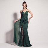 Women’s Formal Party Strap Satin Beaded Chiffon Mesh Split Long Dress