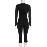 Women’s Fall Solid Color Sexy Cutout Long Sleeve Slim Fit Pants Set